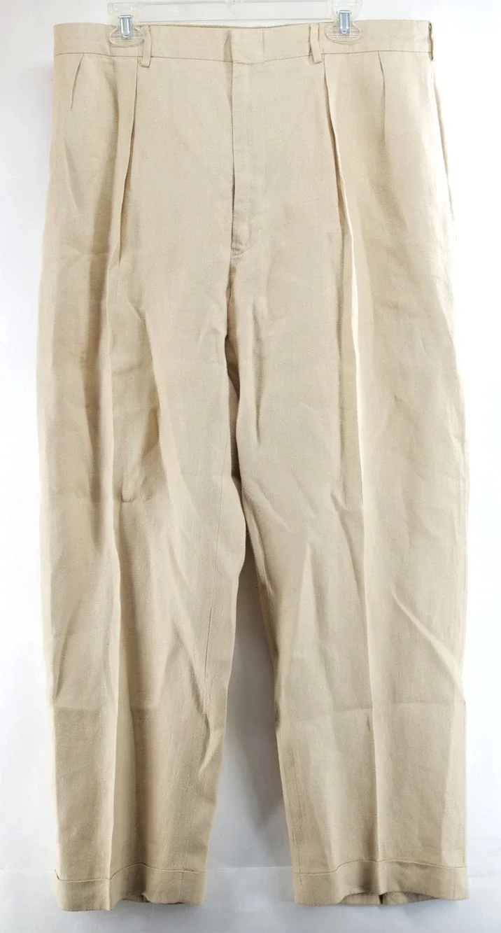 VINTAGE Polo Ralph Lauren Pants Mens 40x30 Beige 100% Linen Pleated Trousers